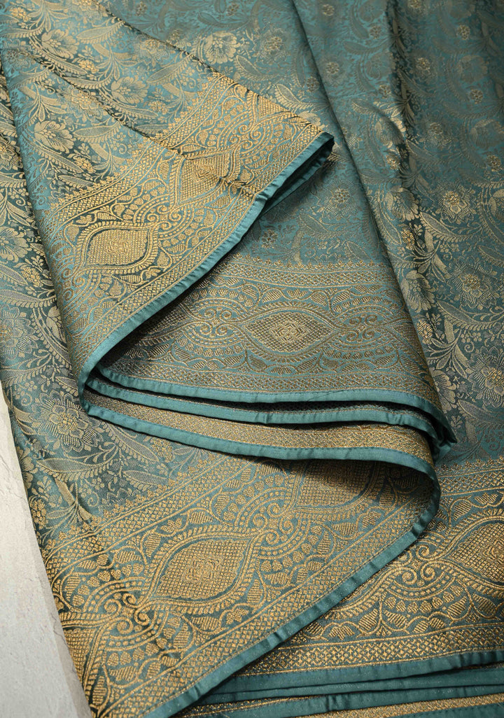 Neon Teal Vegan Viscose Silk Saree with Floral Brocade Jaal and Zari Border