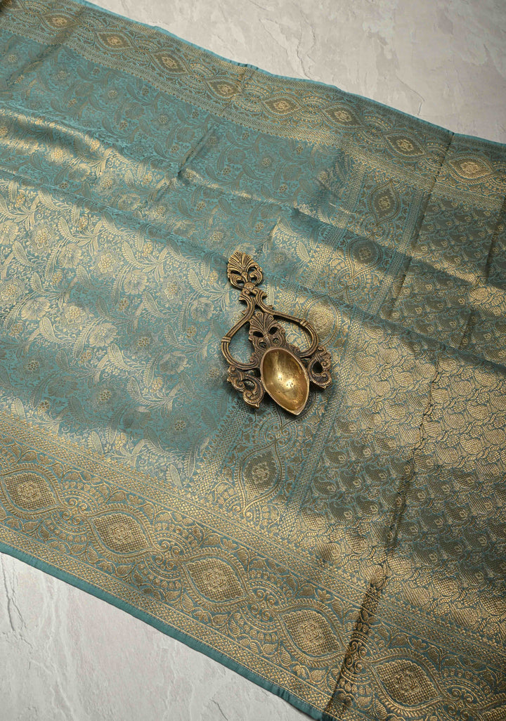 Neon Teal Vegan Viscose Silk Saree with Floral Brocade Jaal and Zari Border