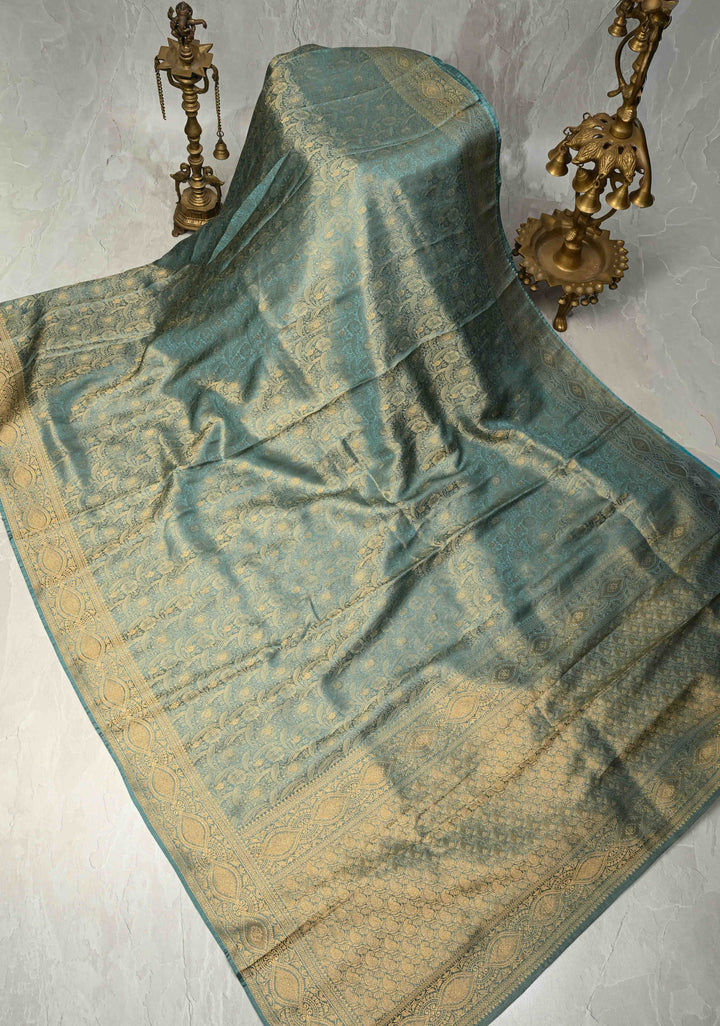 Neon Teal Vegan Viscose Silk Saree with Floral Brocade Jaal and Zari Border