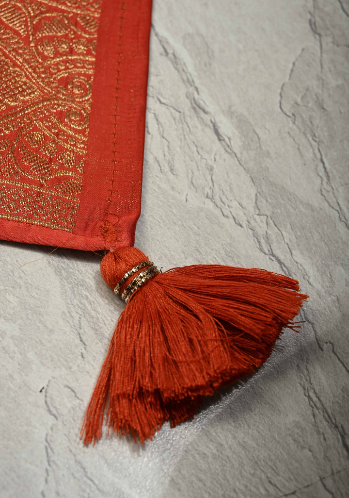 Reddish Orange Vegan Viscose Silk Saree with Floral Brocade and Zari Border