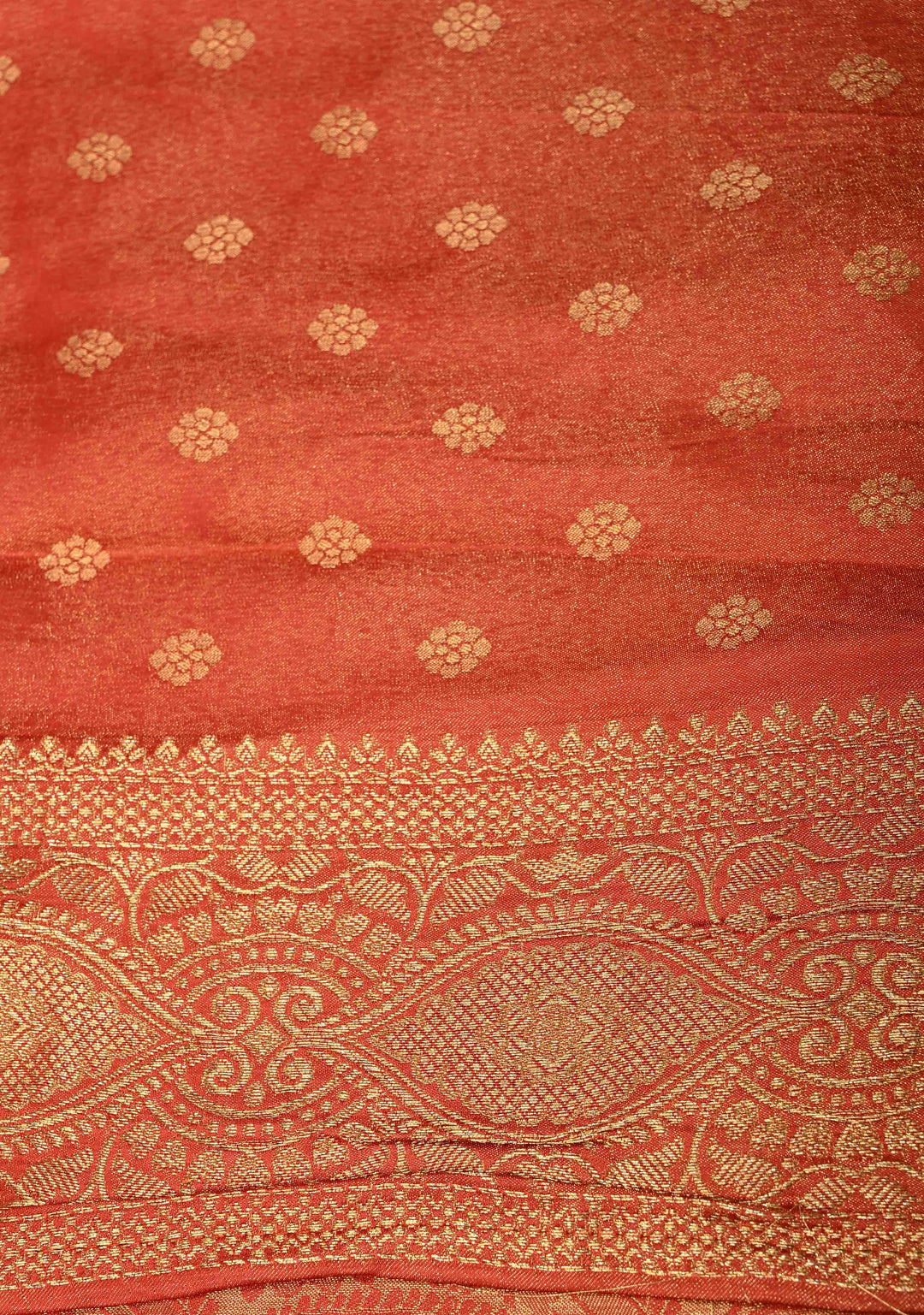 Reddish Orange Vegan Viscose Silk Saree with Floral Brocade and Zari Border