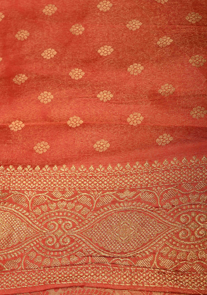Reddish Orange Vegan Viscose Silk Saree with Floral Brocade and Zari Border
