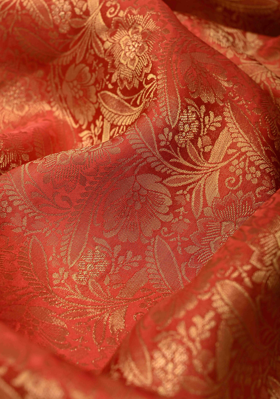 Reddish Orange Vegan Viscose Silk Saree with Floral Brocade and Zari Border