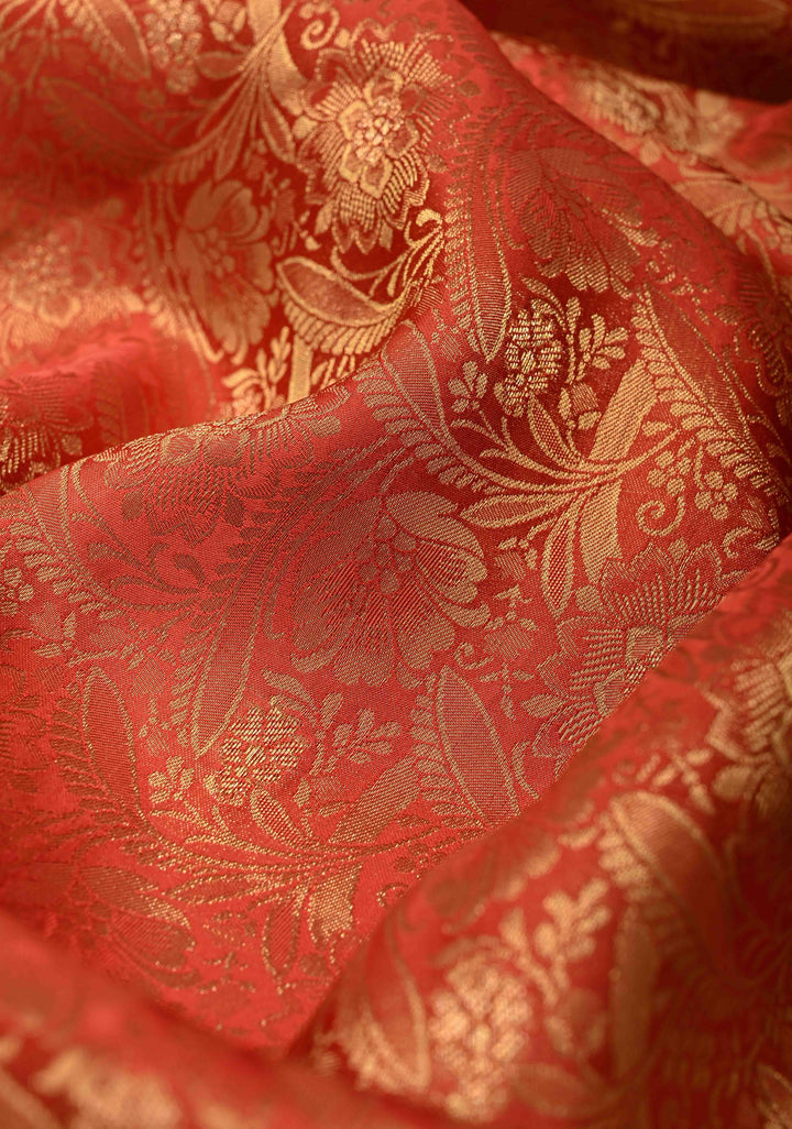 Reddish Orange Vegan Viscose Silk Saree with Floral Brocade and Zari Border