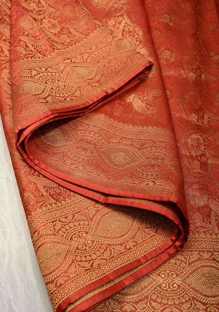 Reddish Orange Vegan Viscose Silk Saree with Floral Brocade and Zari Border