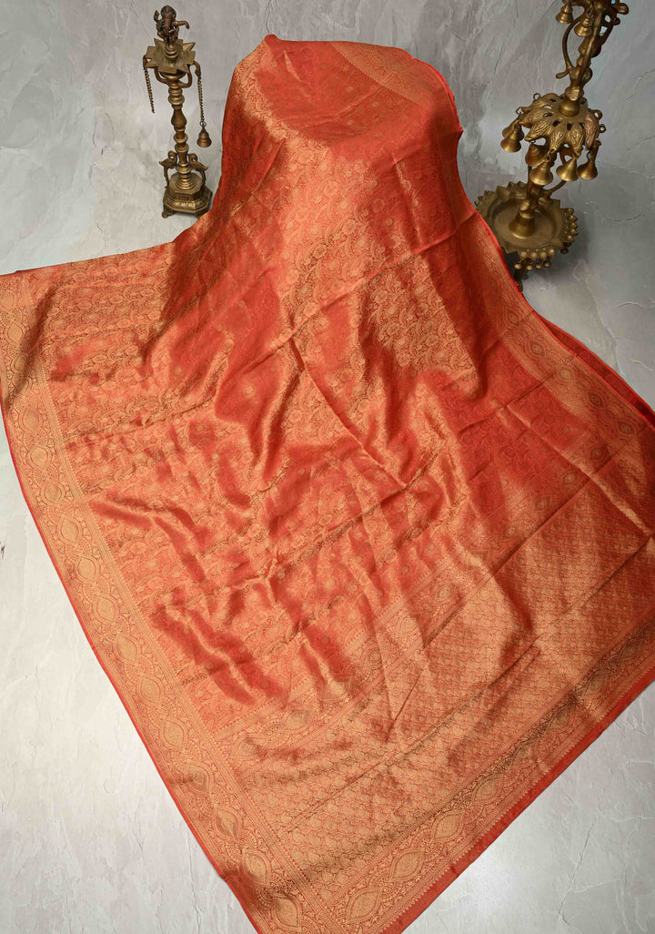 Reddish Orange Vegan Viscose Silk Saree with Floral Brocade and Zari Border