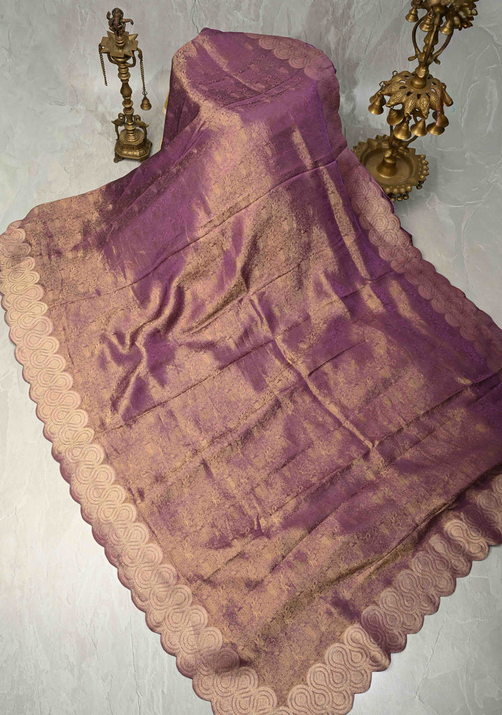 Deep Mauve Vegan Viscose Silk Saree with Vanasingaram Brocde and Scallop Border