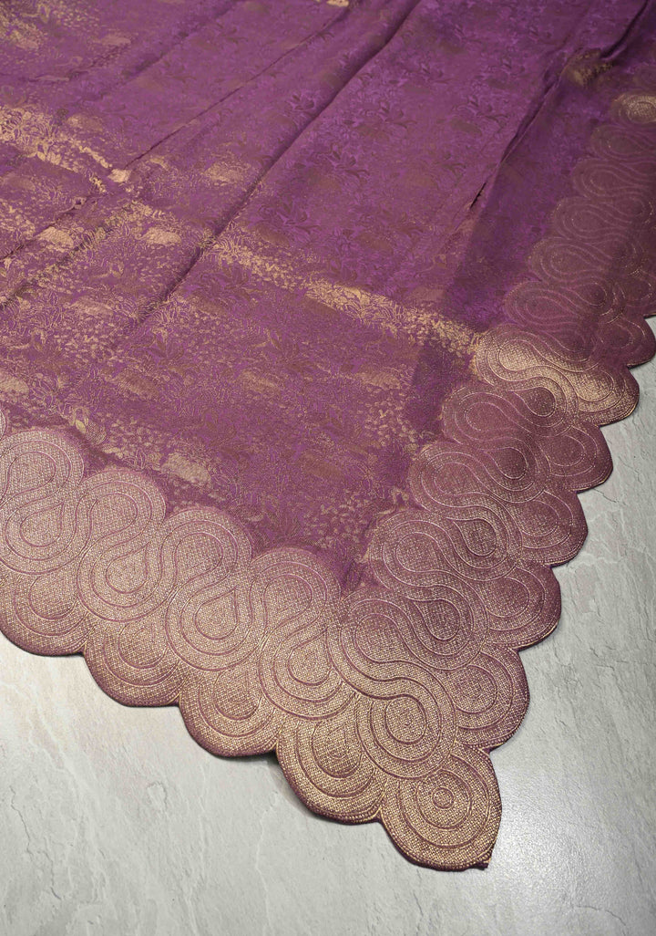 Deep Mauve Vegan Viscose Silk Saree with Vanasingaram Brocde and Scallop Border