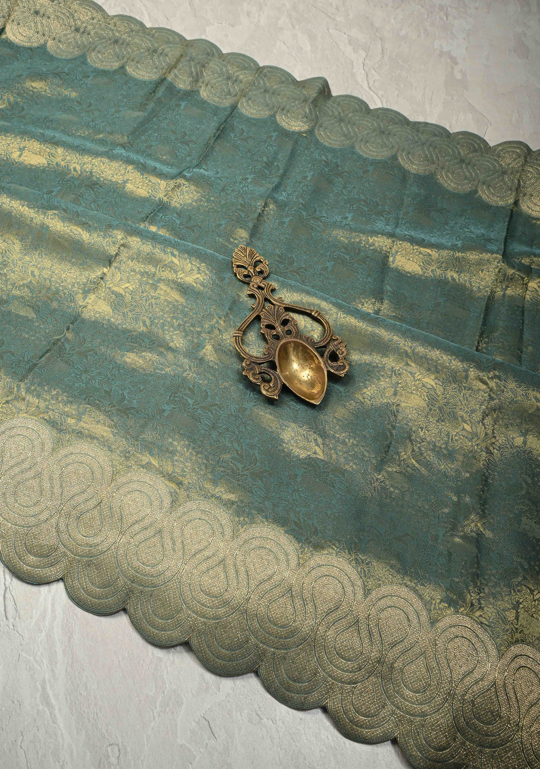 Turquoise Sea Green Vegan Viscose Silk Saree with Vanasingaram Brocade and Scallop Border