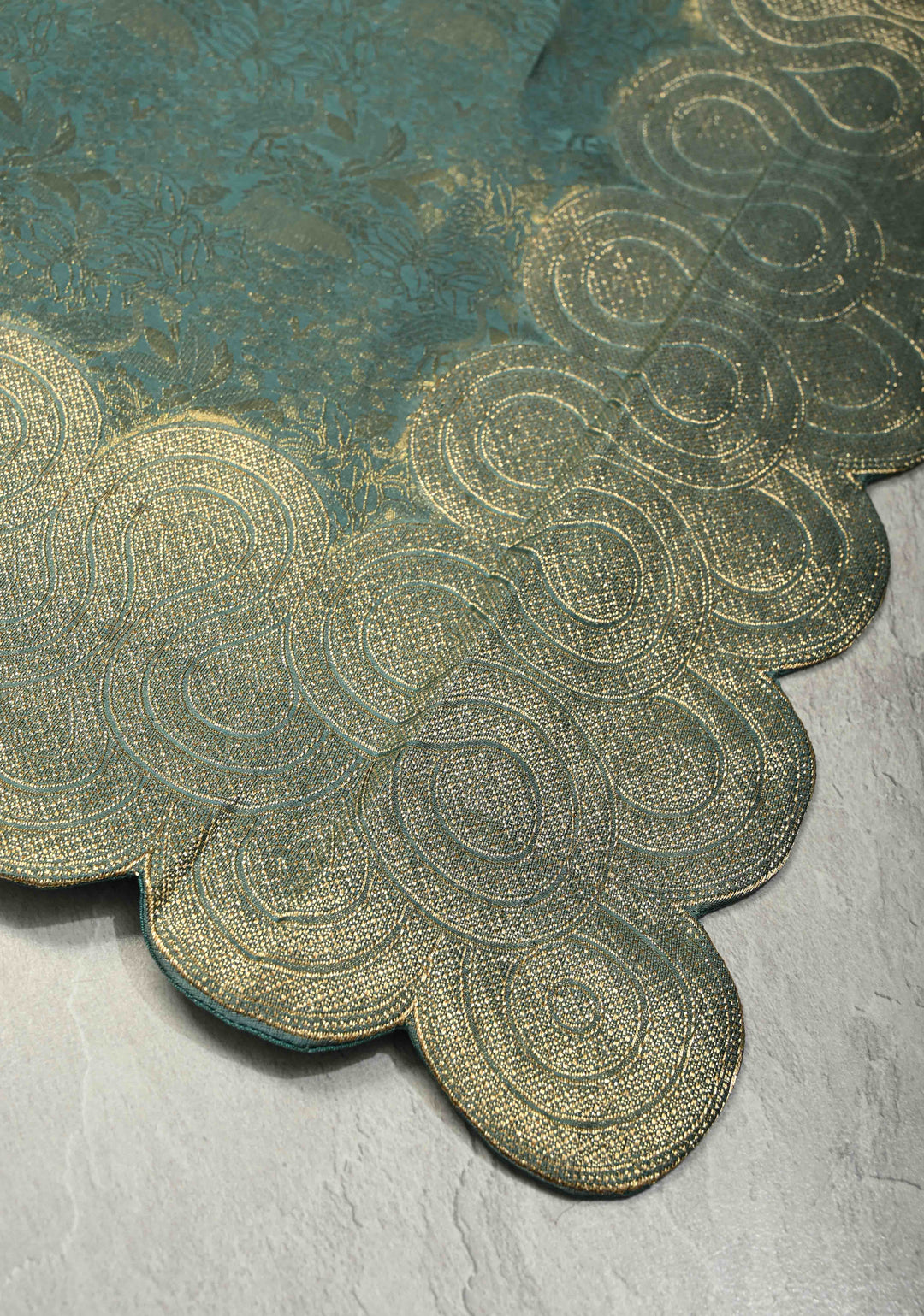 Turquoise Sea Green Vegan Viscose Silk Saree with Vanasingaram Brocade and Scallop Border