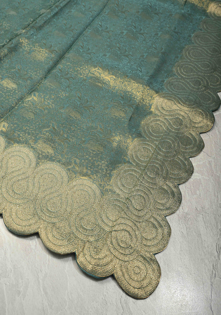 Turquoise Sea Green Vegan Viscose Silk Saree with Vanasingaram Brocade and Scallop Border