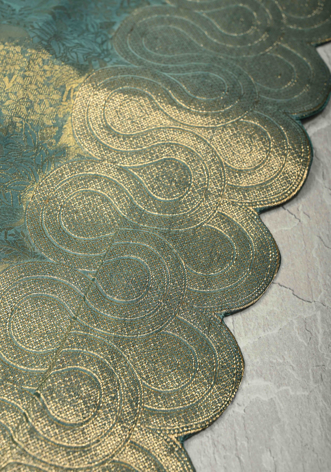 Turquoise Sea Green Vegan Viscose Silk Saree with Vanasingaram Brocade and Scallop Border