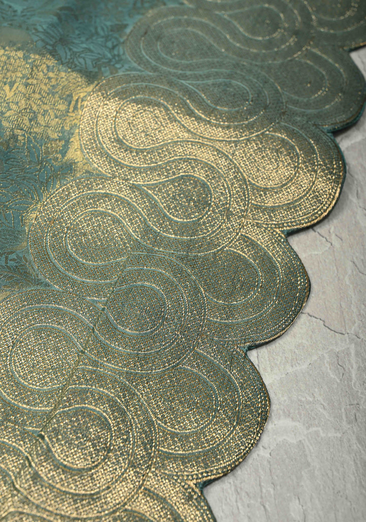 Turquoise Sea Green Vegan Viscose Silk Saree with Vanasingaram Brocade and Scallop Border