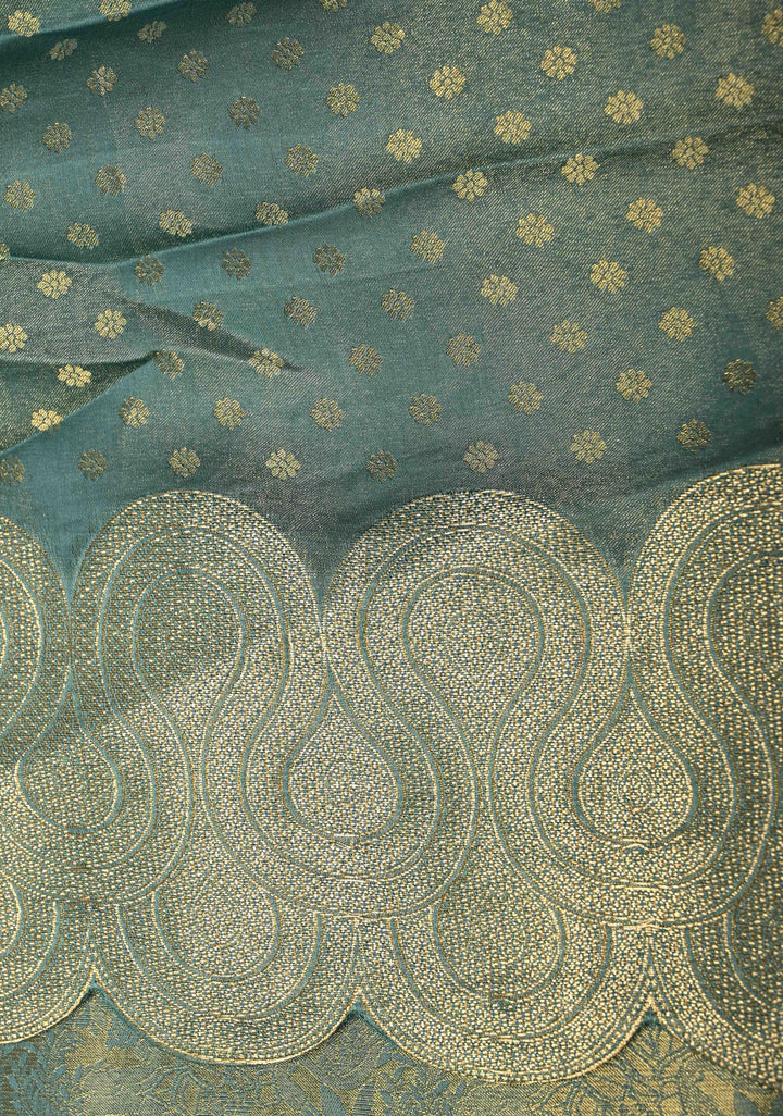Turquoise Sea Green Vegan Viscose Silk Saree with Vanasingaram Brocade and Scallop Border