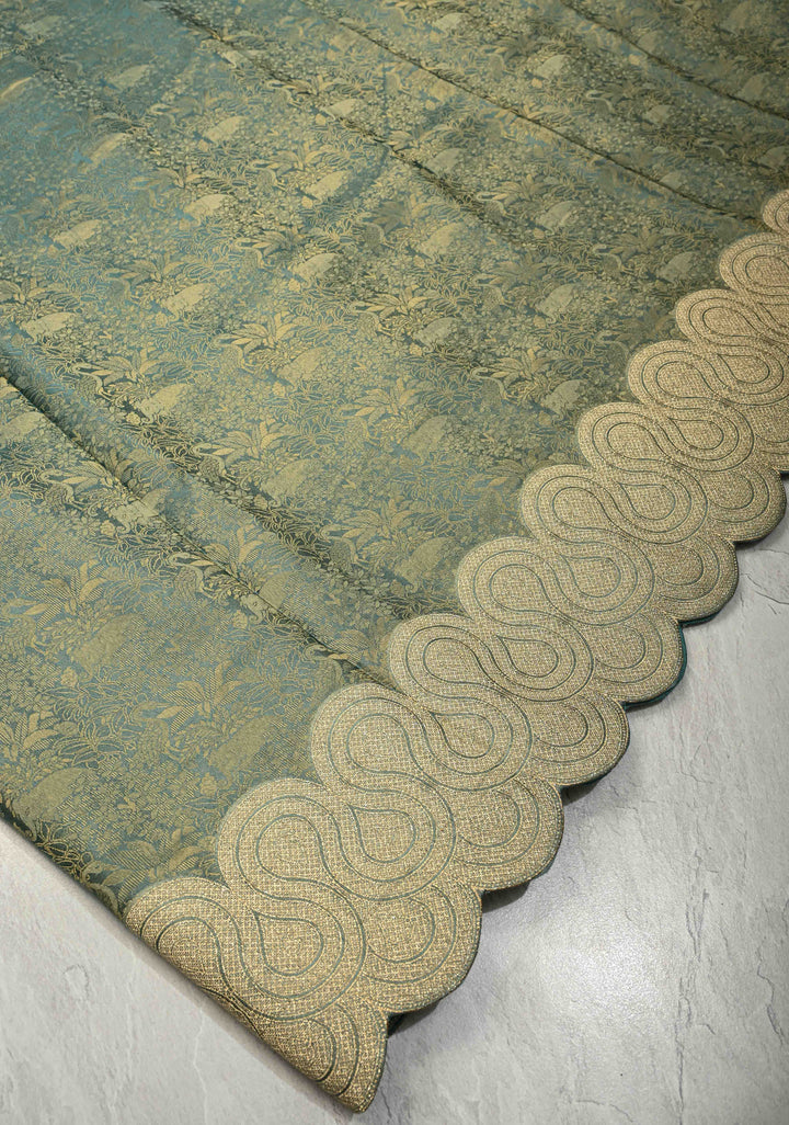 Turquoise Sea Green Vegan Viscose Silk Saree with Vanasingaram Brocade and Scallop Border