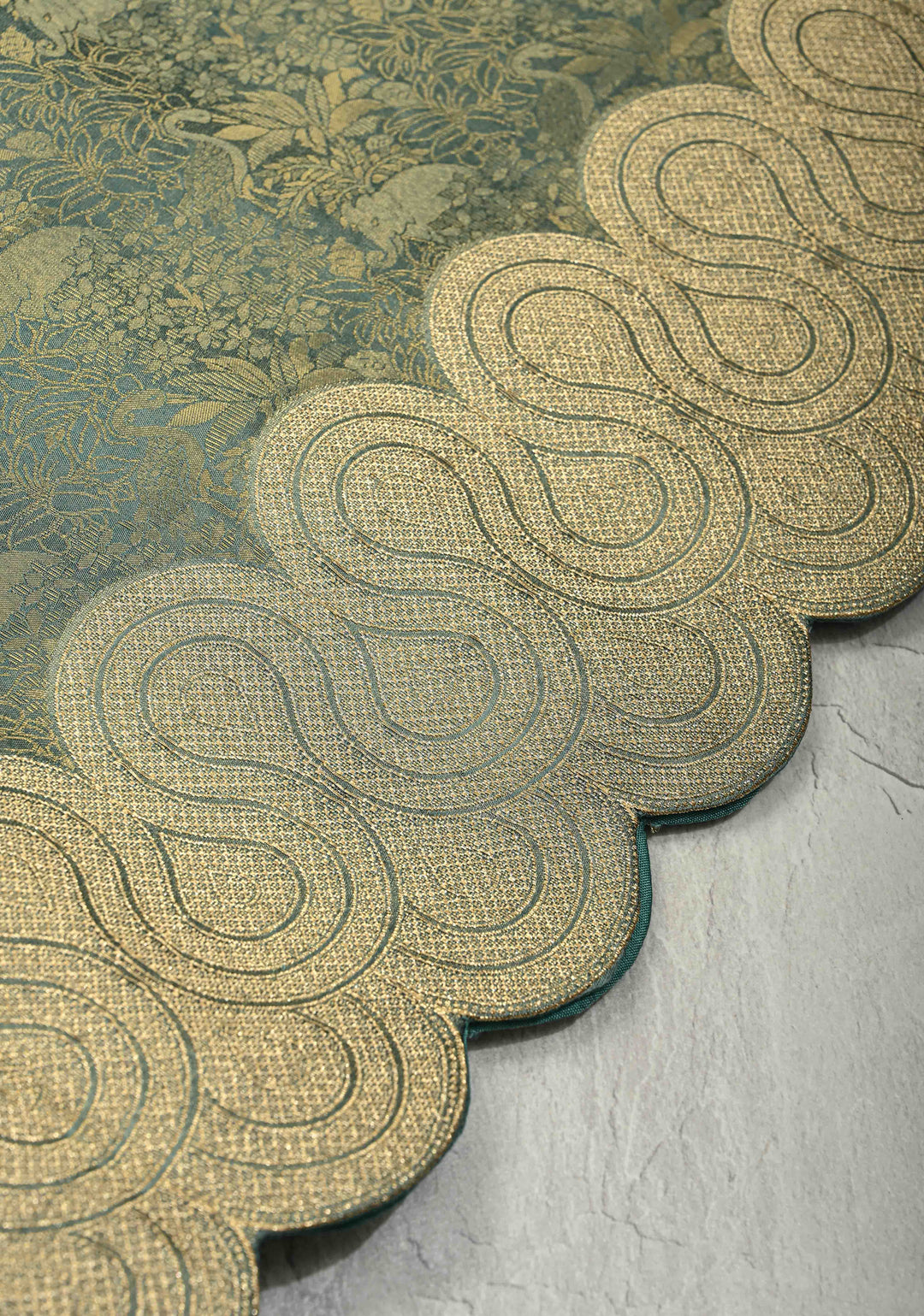 Turquoise Sea Green Vegan Viscose Silk Saree with Vanasingaram Brocade and Scallop Border