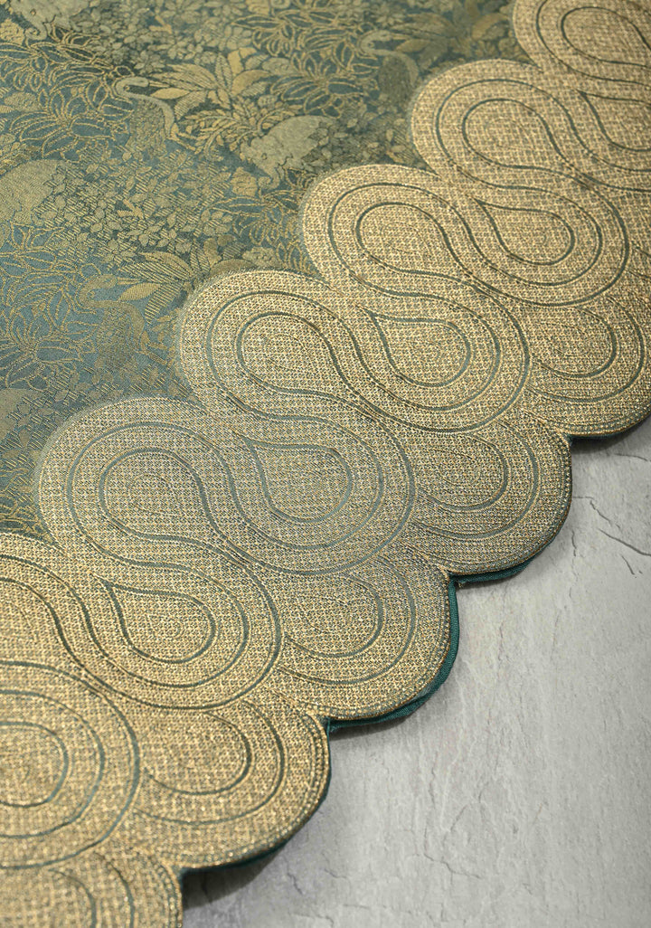 Turquoise Sea Green Vegan Viscose Silk Saree with Vanasingaram Brocade and Scallop Border