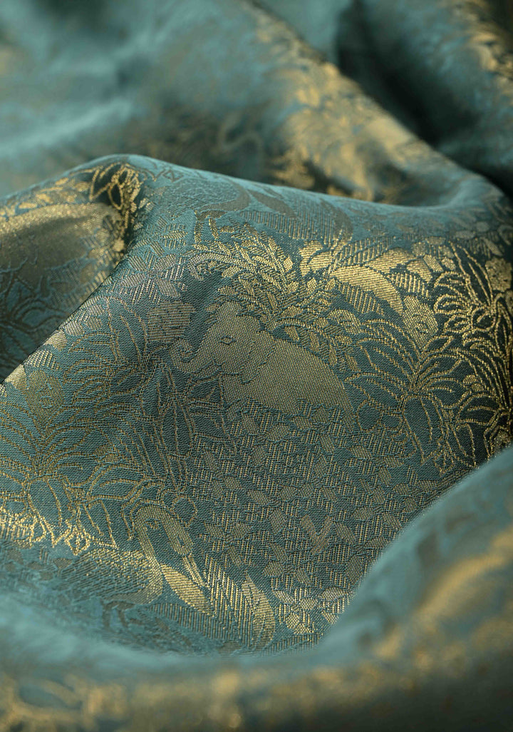 Turquoise Sea Green Vegan Viscose Silk Saree with Vanasingaram Brocade and Scallop Border