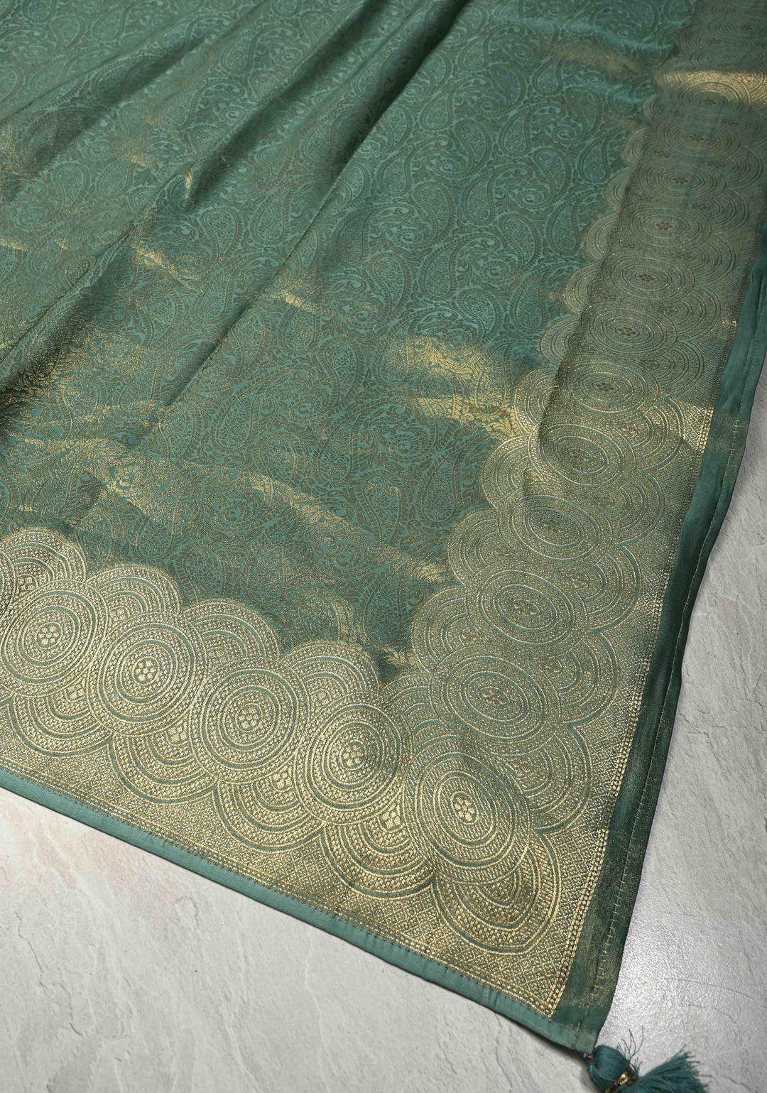 Turquoise Vegan Viscose Paisley Brocade Silk Saree with Zari Border
