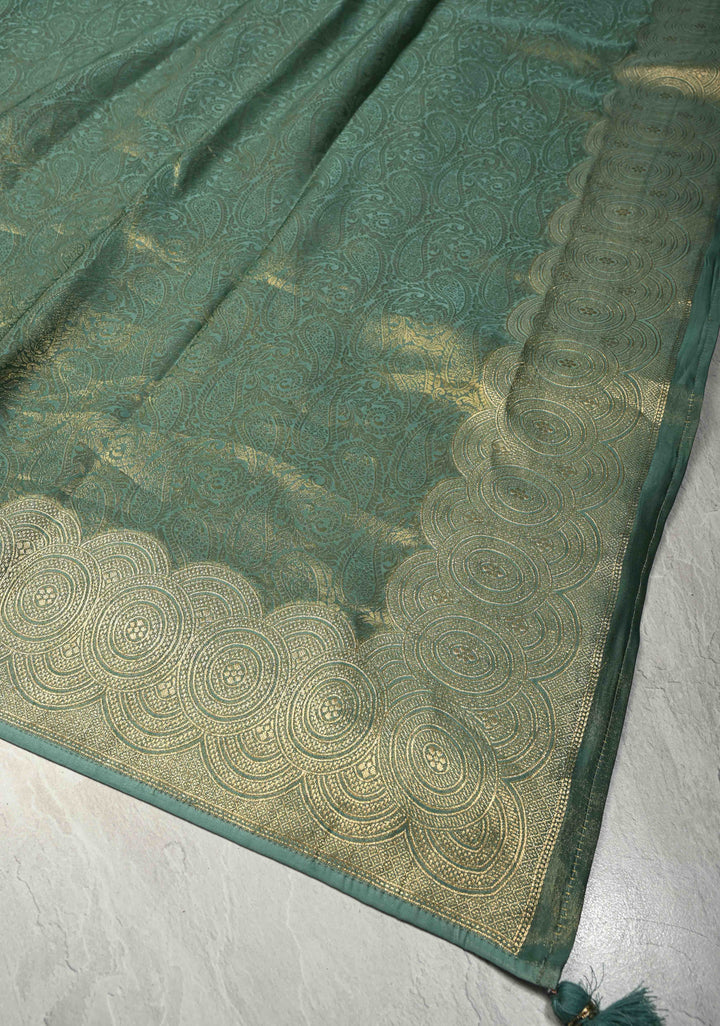 Turquoise Vegan Viscose Paisley Brocade Silk Saree with Zari Border