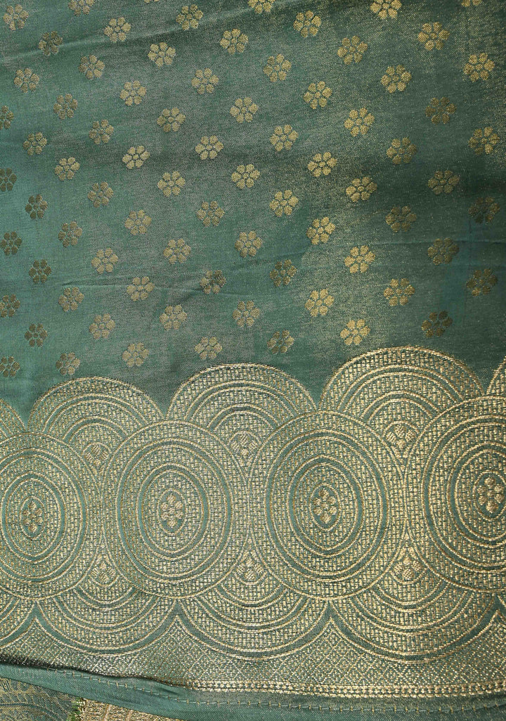 Turquoise Vegan Viscose Paisley Brocade Silk Saree with Zari Border