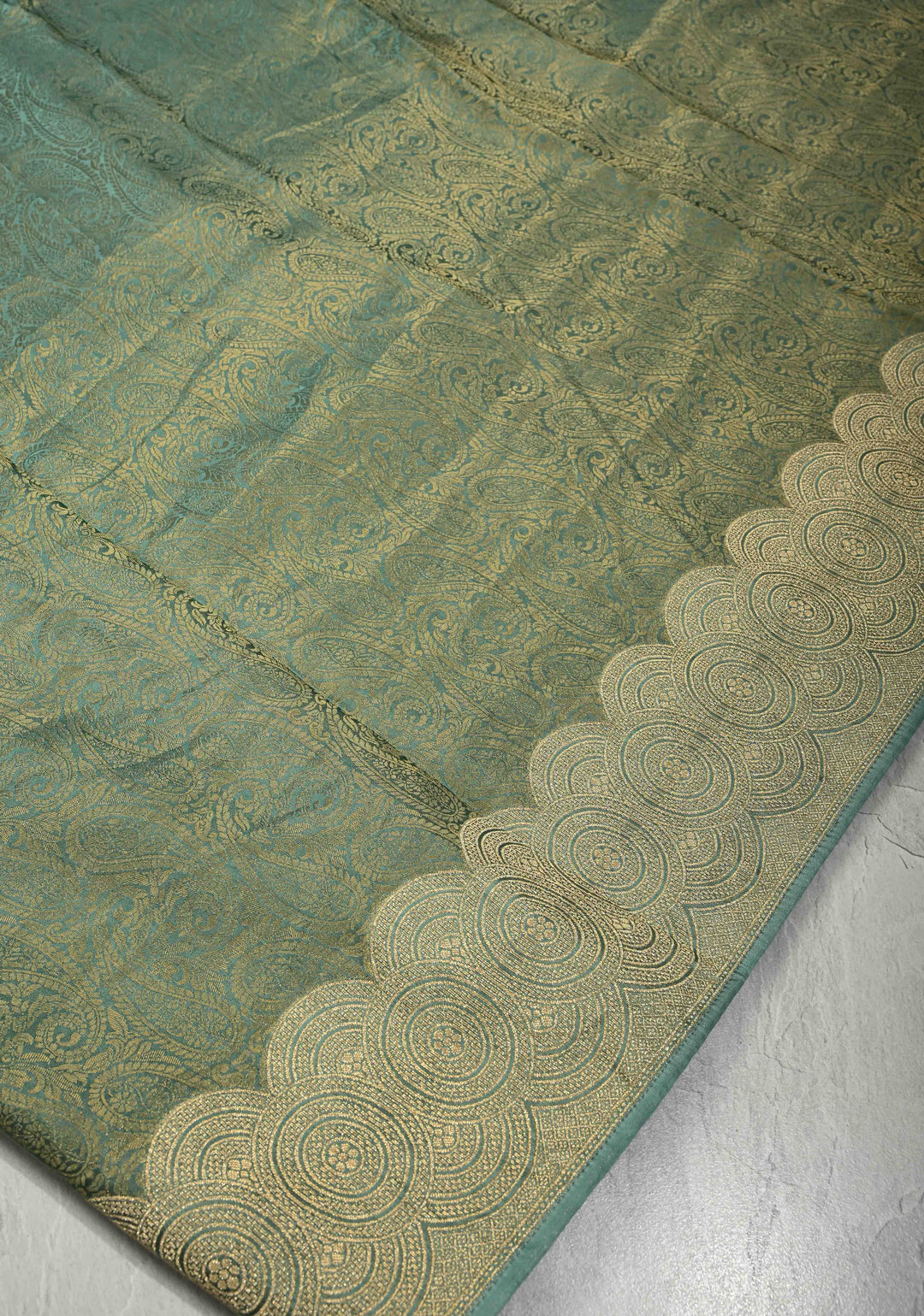 Turquoise Vegan Viscose Paisley Brocade Silk Saree with Zari Border