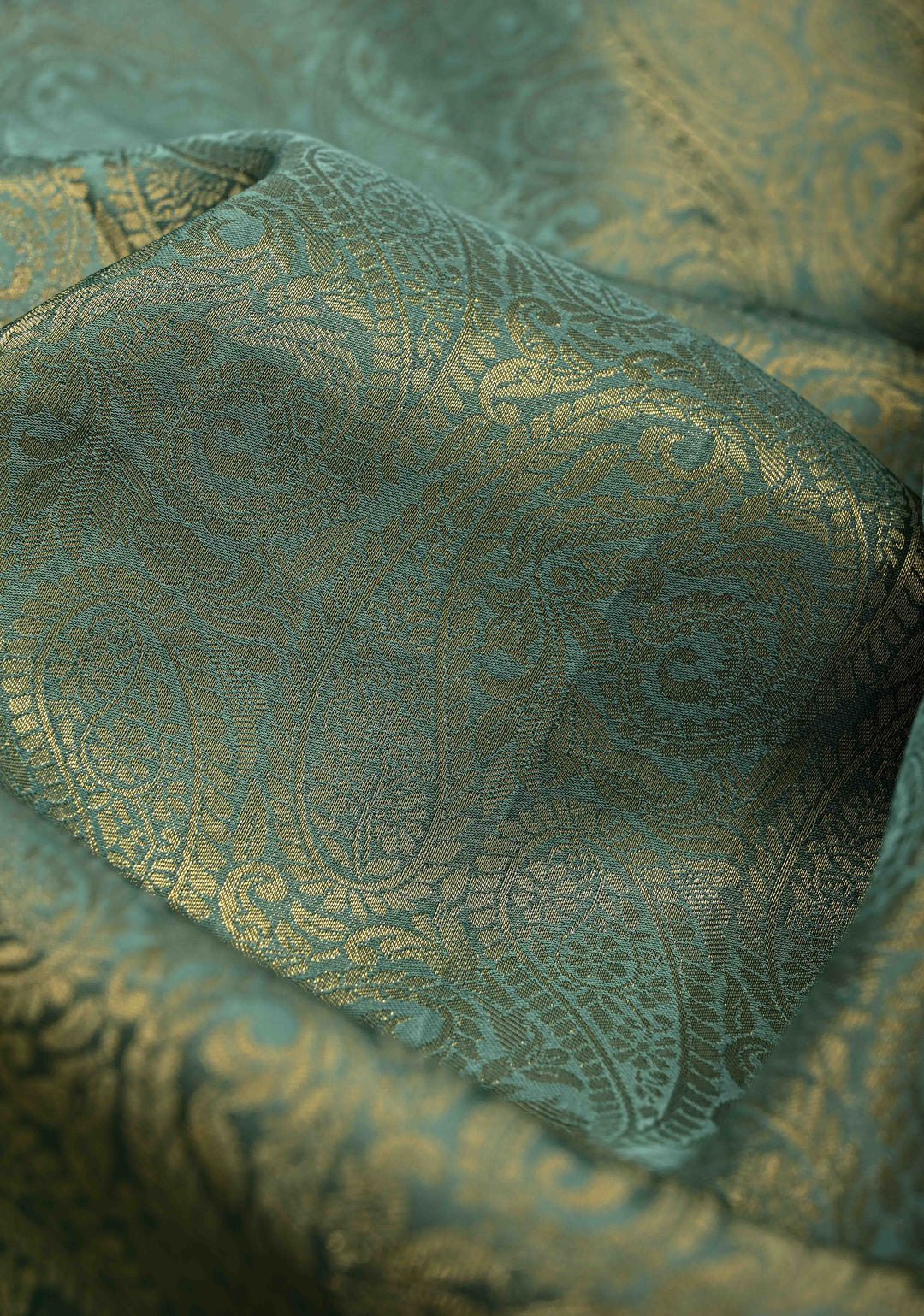 Turquoise Vegan Viscose Paisley Brocade Silk Saree with Zari Border