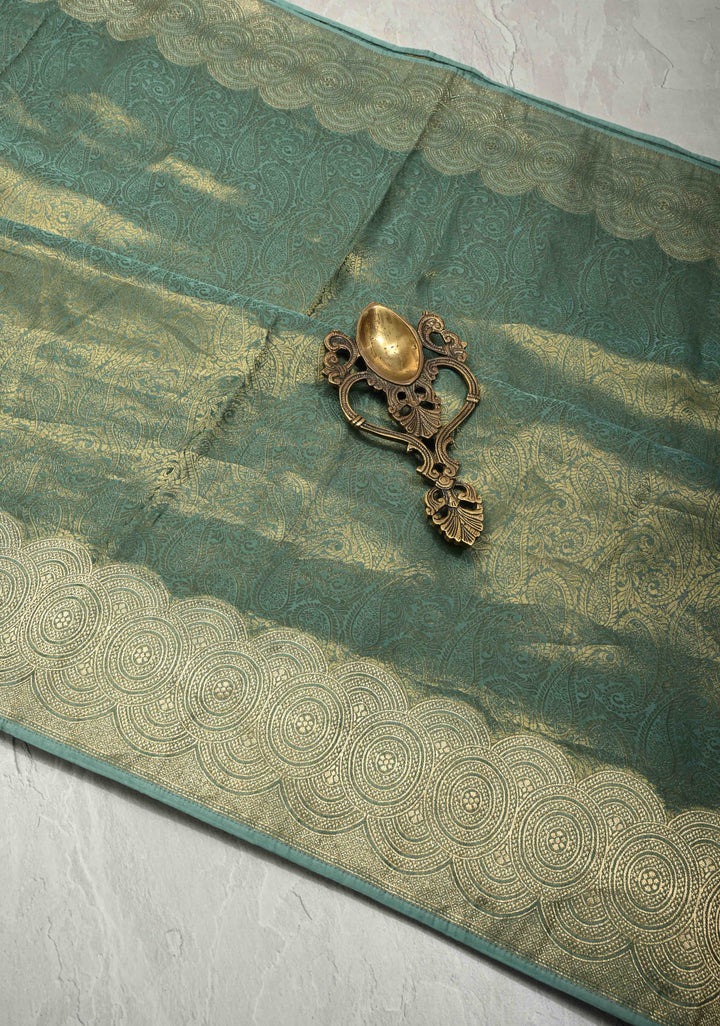 Turquoise Vegan Viscose Paisley Brocade Silk Saree with Zari Border