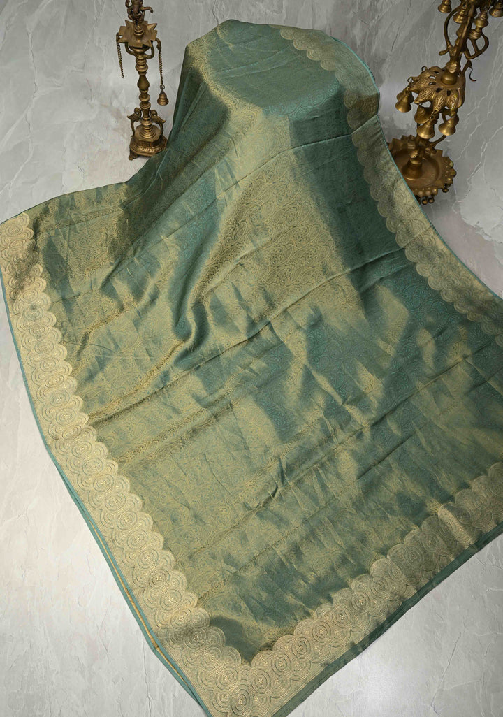 Turquoise Vegan Viscose Paisley Brocade Silk Saree with Zari Border