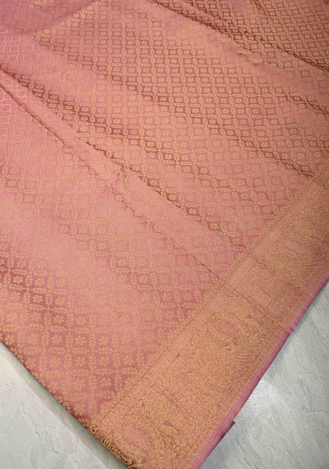 Dusty Pink Geomatric Jaal Vegan Viscose Silk Saree with Zari Border
