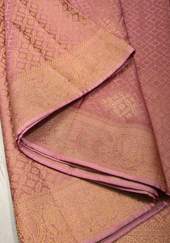 Dusty Pink Geomatric Jaal Vegan Viscose Silk Saree with Zari Border