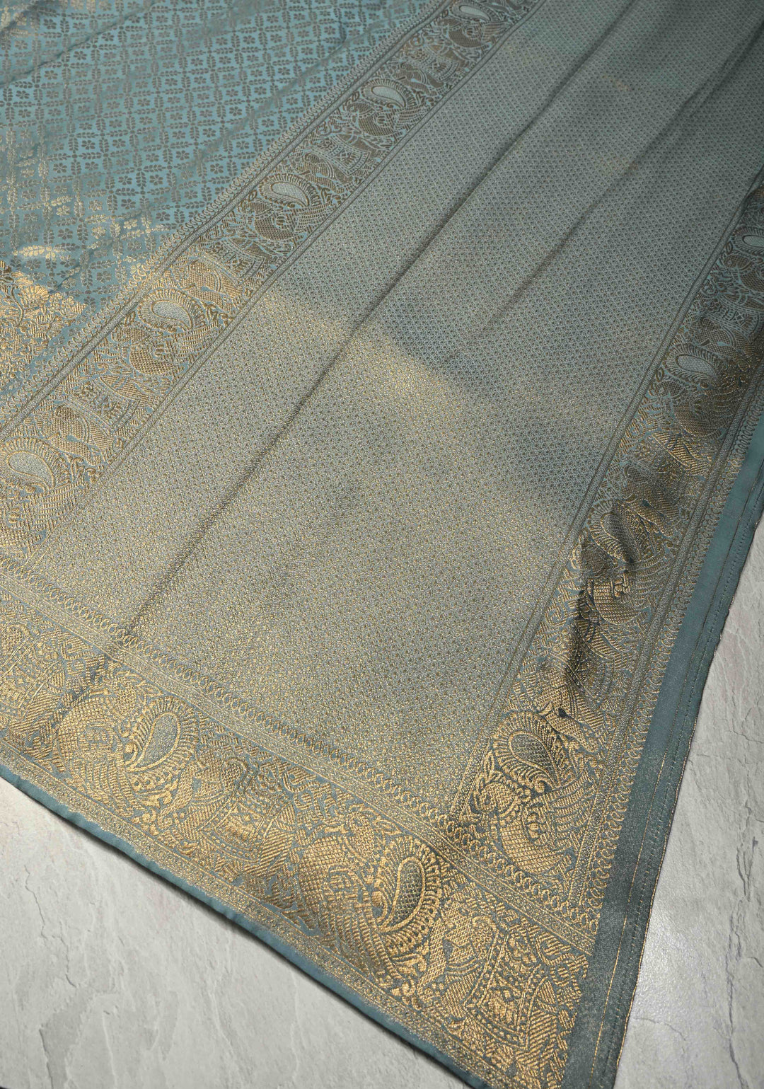 Powder Blue Vegan Viscose Silk Saree with Floral Jaal and Zari Border