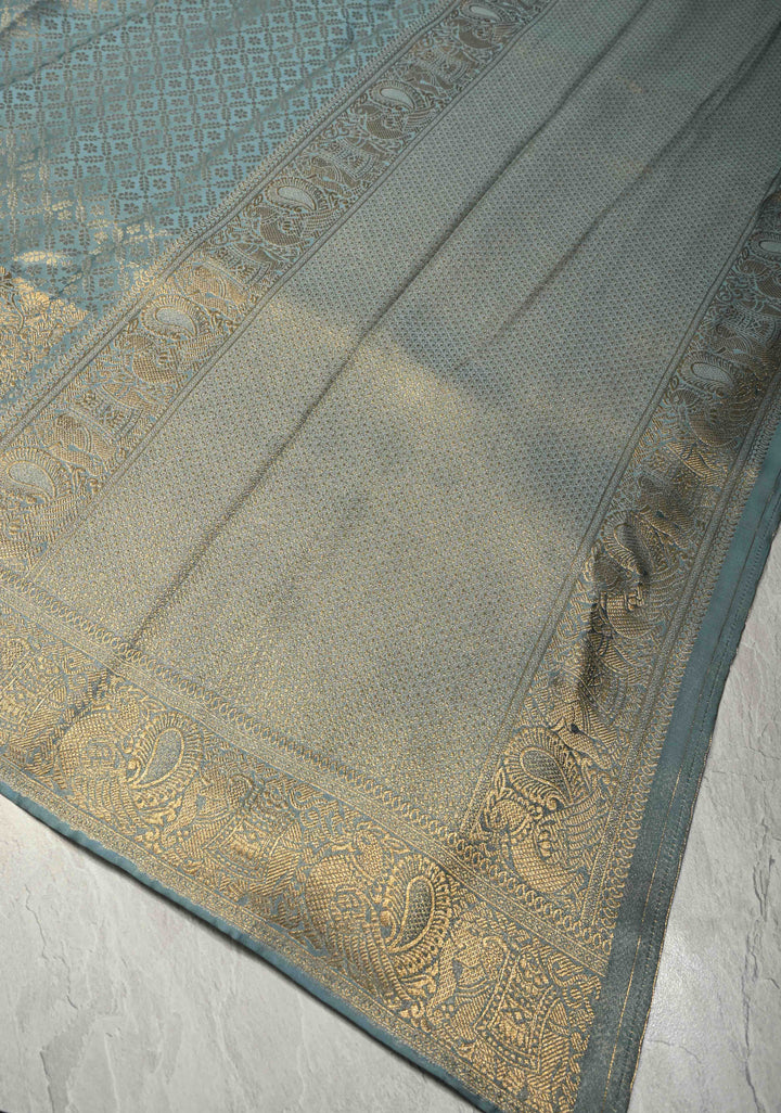 Powder Blue Vegan Viscose Silk Saree with Floral Jaal and Zari Border