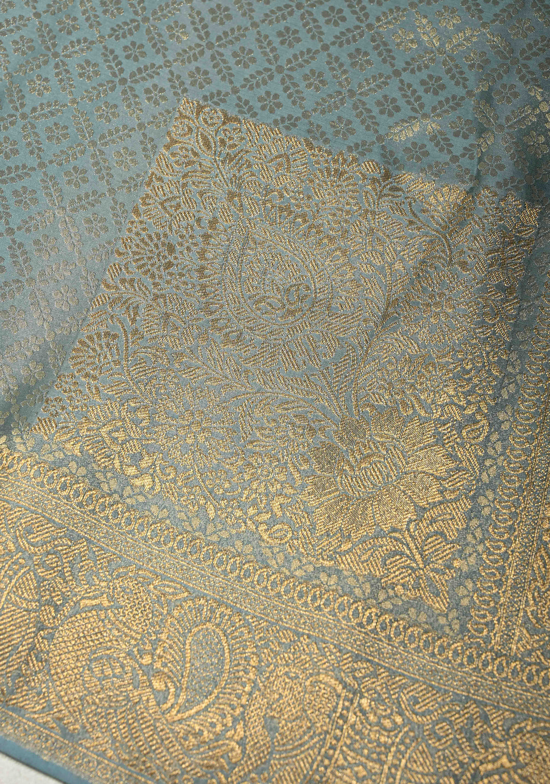 Powder Blue Vegan Viscose Silk Saree with Floral Jaal and Zari Border