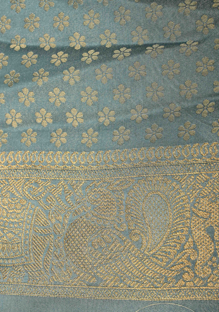 Powder Blue Vegan Viscose Silk Saree with Floral Jaal and Zari Border