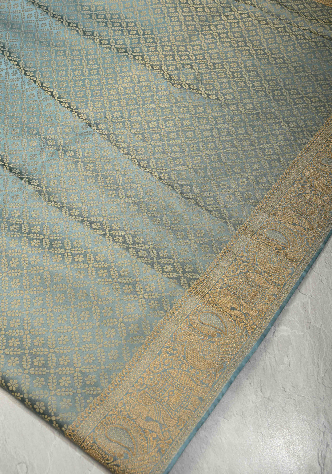 Powder Blue Vegan Viscose Silk Saree with Floral Jaal and Zari Border