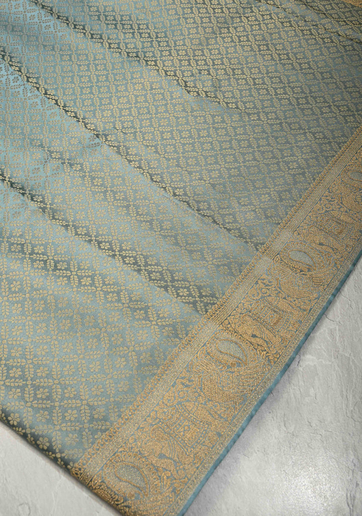 Powder Blue Vegan Viscose Silk Saree with Floral Jaal and Zari Border