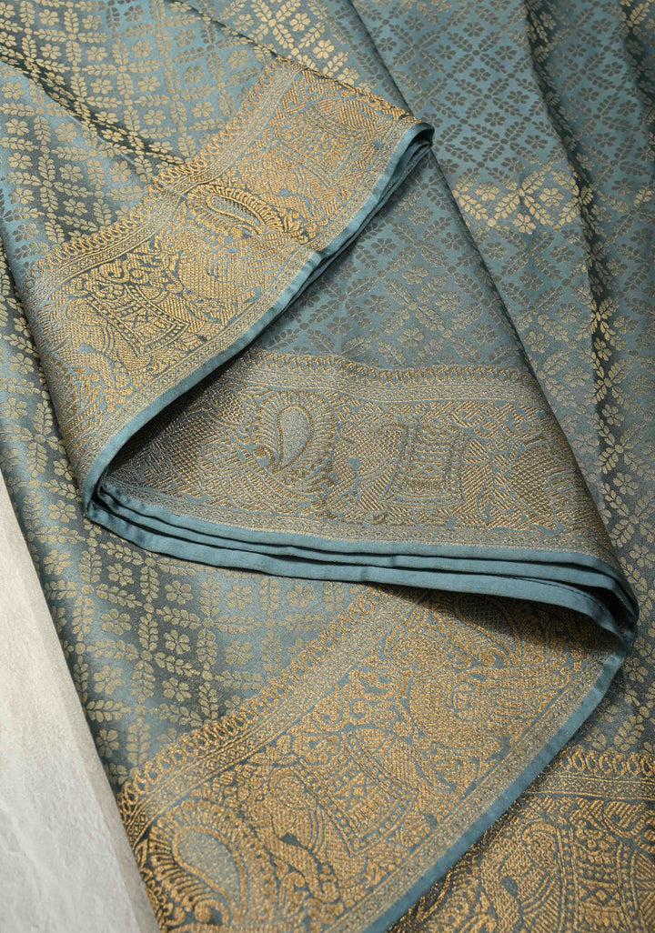 Powder Blue Vegan Viscose Silk Saree with Floral Jaal and Zari Border