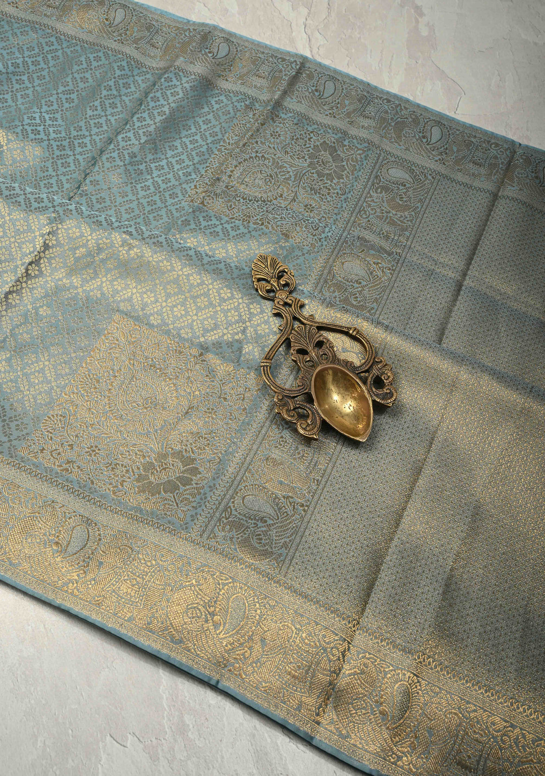 Powder Blue Vegan Viscose Silk Saree with Floral Jaal and Zari Border