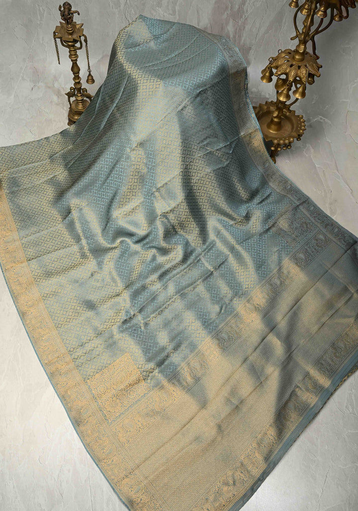 Powder Blue Vegan Viscose Silk Saree with Floral Jaal and Zari Border