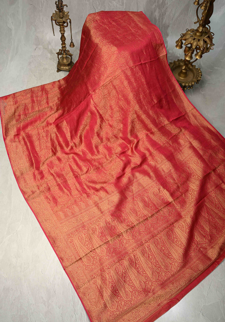 Rani Pink Vegan Viscose Silk Saree with Brocade Jaal and Zari Border