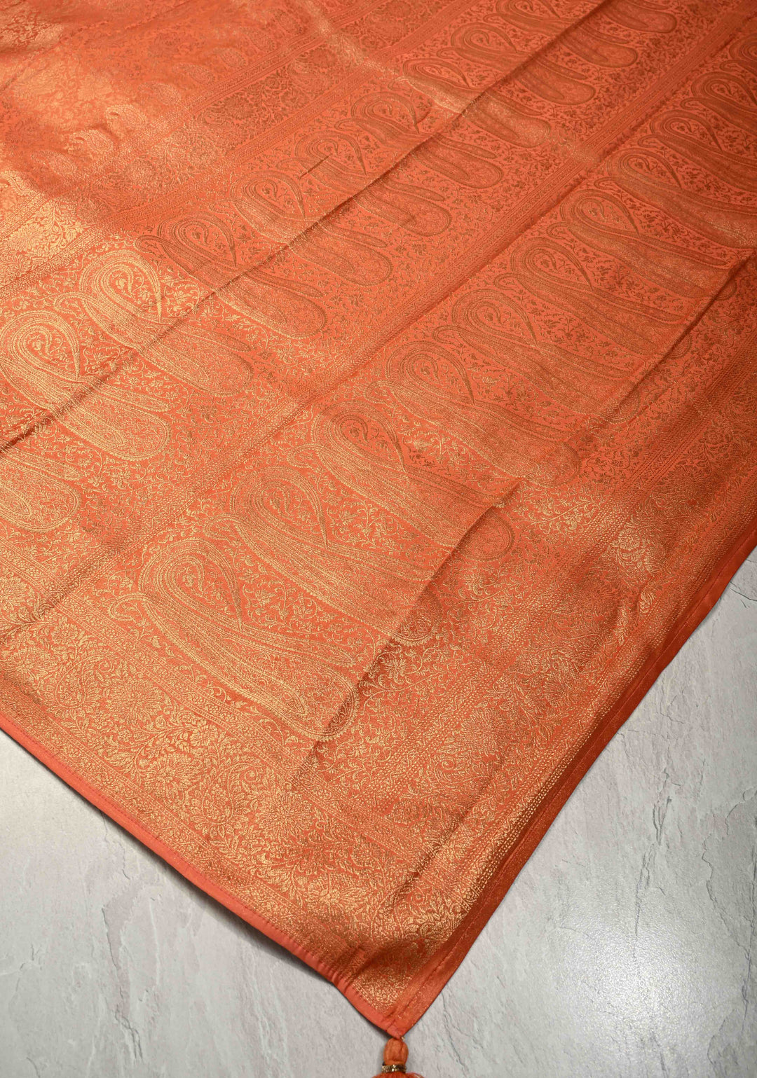 Flame Orange Vegan Viscose Silk Saree with Paisley Floral Brocade and Zari Border