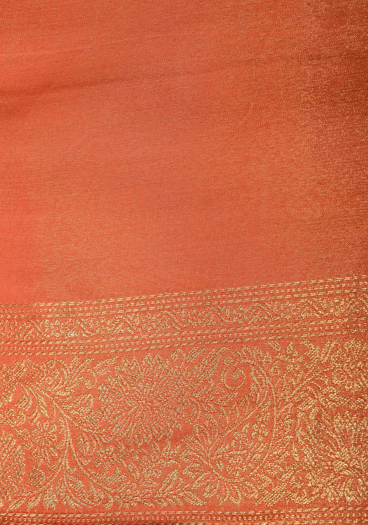 Flame Orange Vegan Viscose Silk Saree with Paisley Floral Brocade and Zari Border