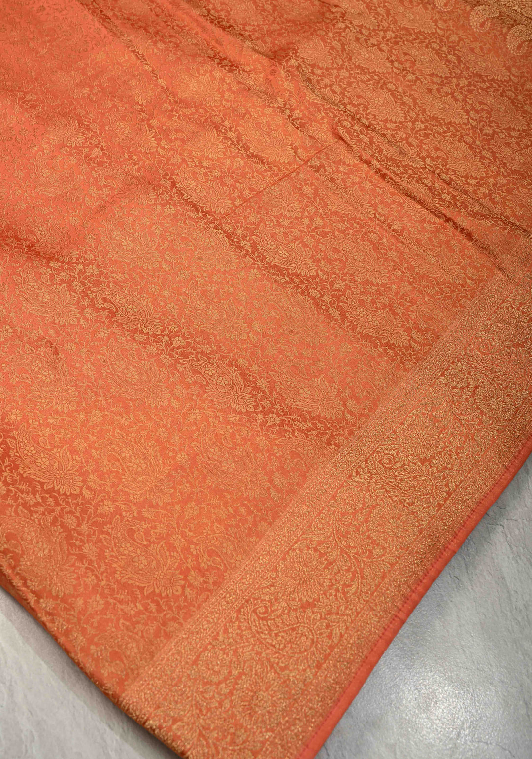 Flame Orange Vegan Viscose Silk Saree with Paisley Floral Brocade and Zari Border