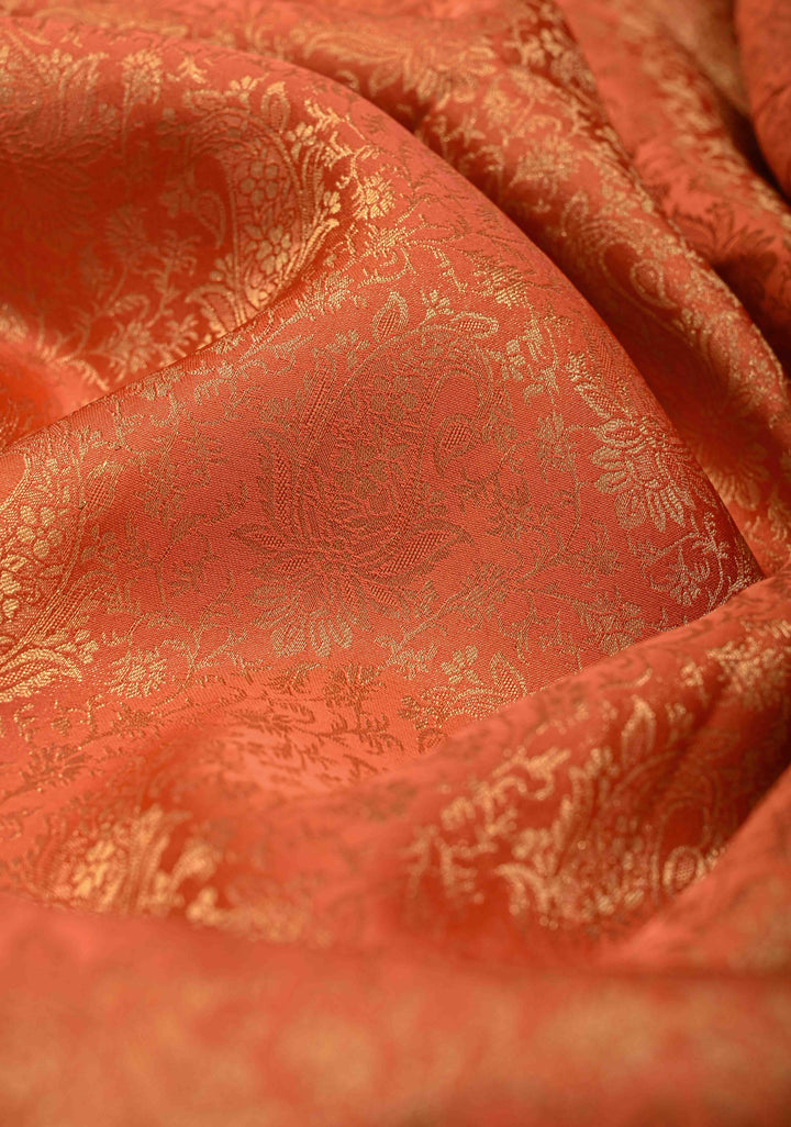 Flame Orange Vegan Viscose Silk Saree with Paisley Floral Brocade and Zari Border