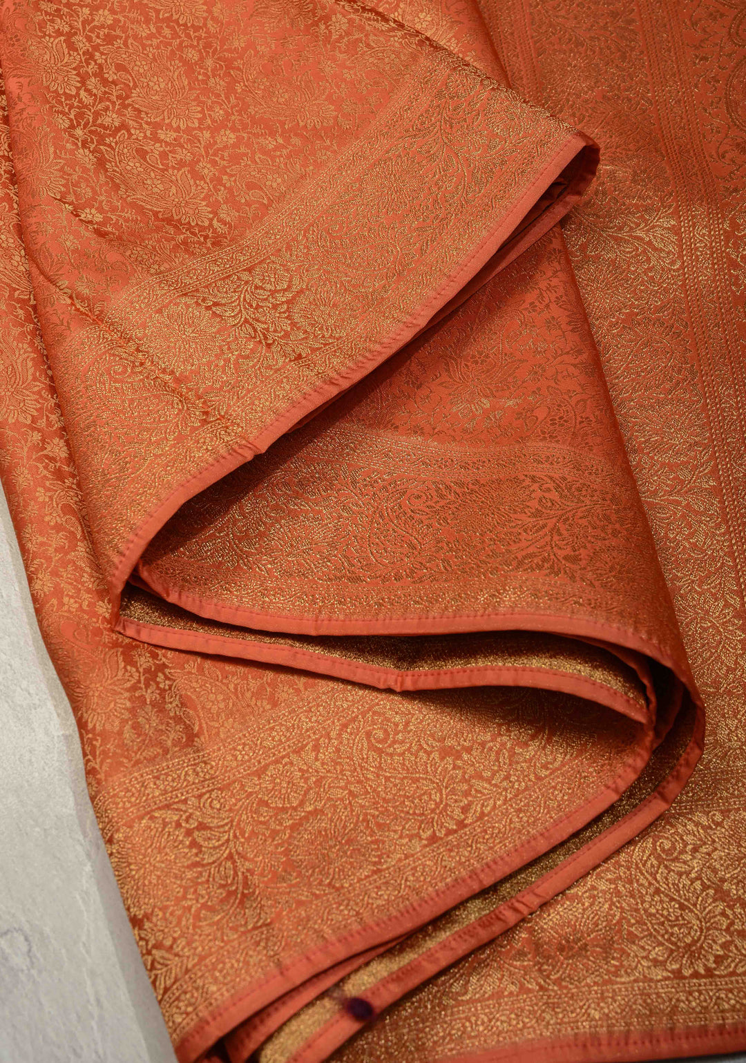 Flame Orange Vegan Viscose Silk Saree with Paisley Floral Brocade and Zari Border