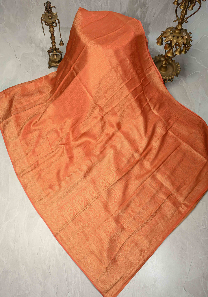 Flame Orange Vegan Viscose Silk Saree with Paisley Floral Brocade and Zari Border