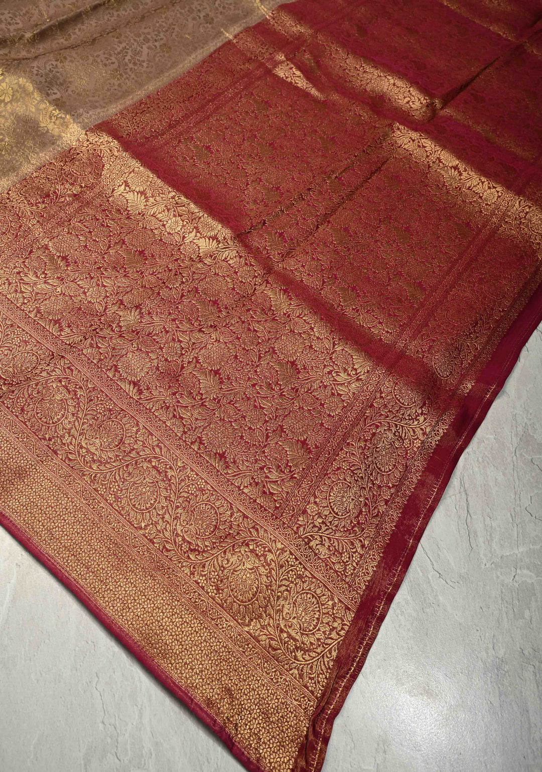 Light taupe Floral Brocade Vegan Viscose Silk Saree with Contrast Zari Border
