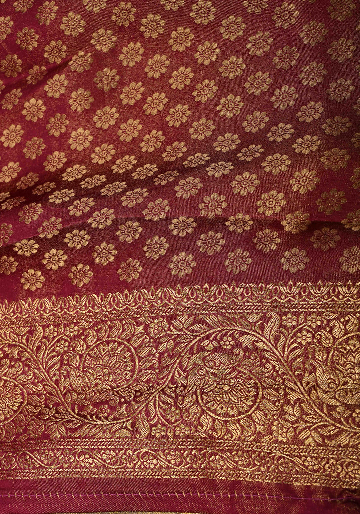 Light taupe Floral Brocade Vegan Viscose Silk Saree with Contrast Zari Border