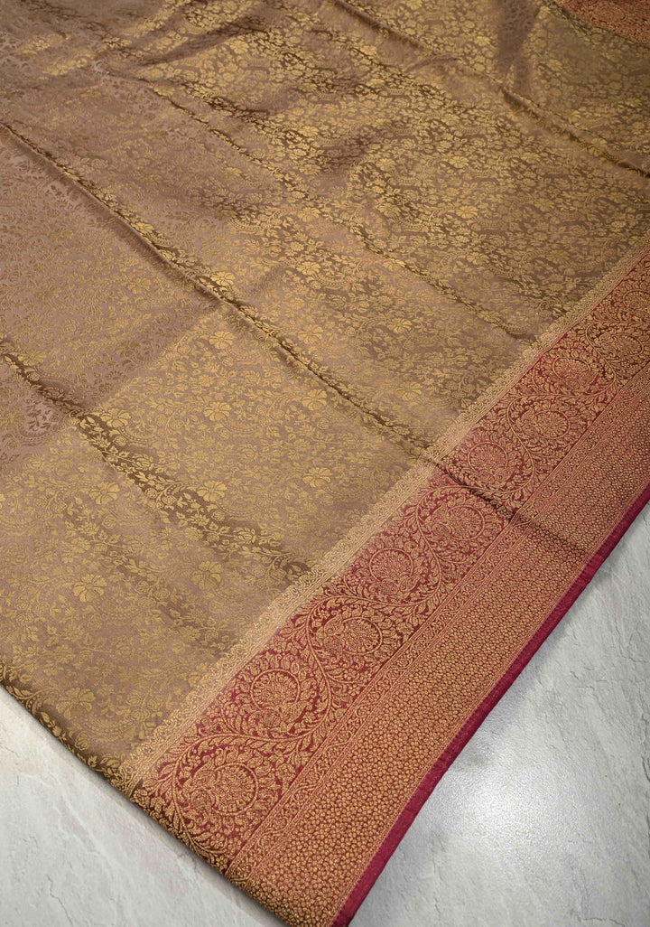Light taupe Floral Brocade Vegan Viscose Silk Saree with Contrast Zari Border
